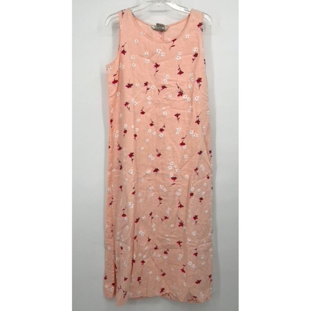 John Paul Richard Size M Pinky Peach Linen Sleeveless Dress Side Buttons Floral